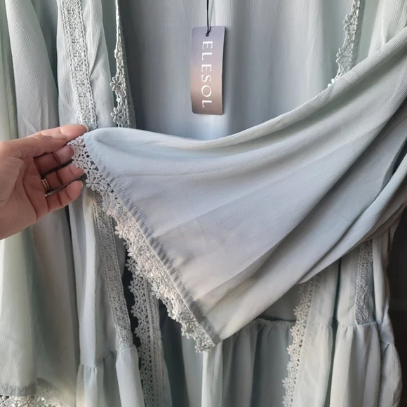 ELESOL Open Front flowy Kimono-Style Top Size XL  Lace Trim Mint / Seafoam Green - Picture 7 of 10